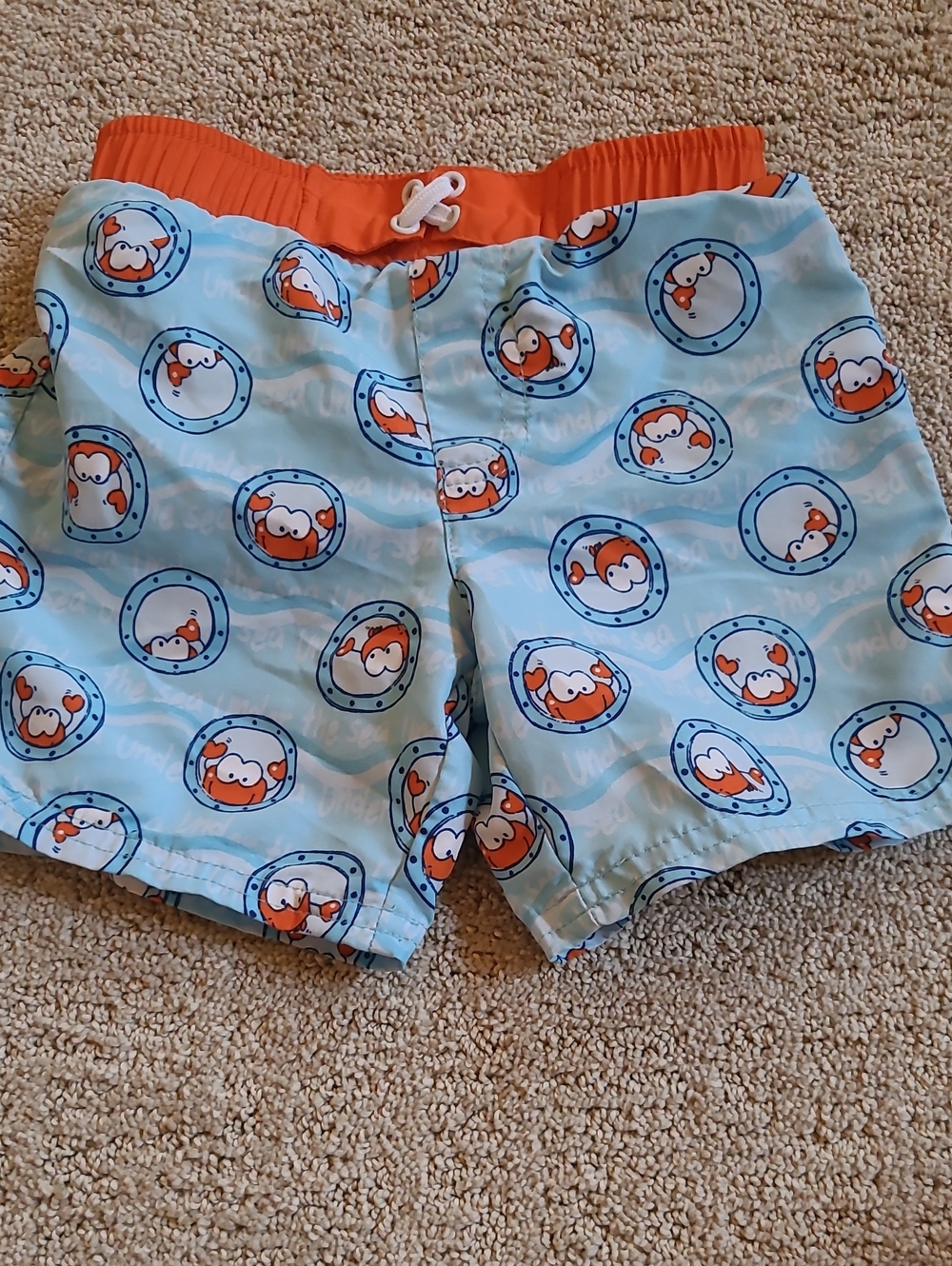 Light Blue & Orange Crab Swim Trunks for Kids with Elastic Waist
